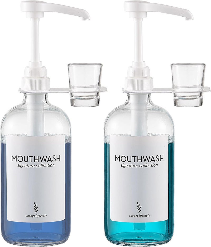 onsogi Glass Mouthwash Dispensers with Cup Holders and Pumps, 16 Oz Rustic Boho Mouthwash Dispensers for Bathroom Farmhouse Decor - 2 Pack Clear - Image 1